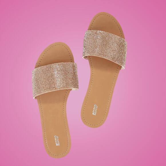 Women's Size 6 Rhinestone Flat Open Toe Sparkle Slide Sandals - Picture 1 of 9